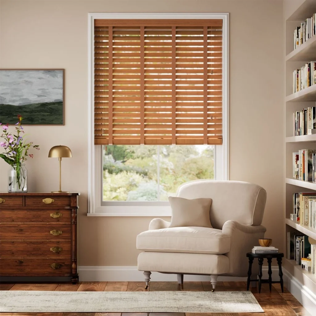 Classic wooden Venetian blinds with adjustable slats for natural light control